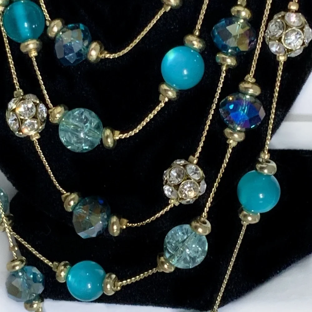 Glass Bead Crystal Necklace Cascade 5 Layer Faceted Sparkly By M. Haskell Blues
